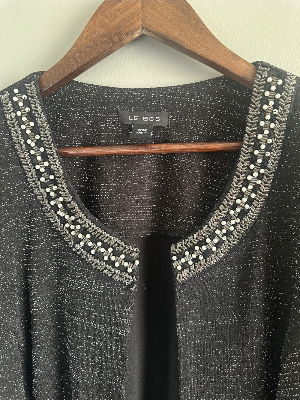 Le Bos 20W Black Metallic Beaded Evening Jacket Open Front Plus Size